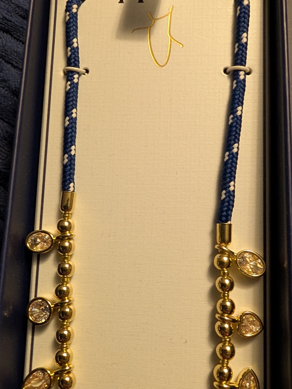 Piper-k Gold Bead Necklace with Navy Cord and CZ Charms - Picture 3 of 5